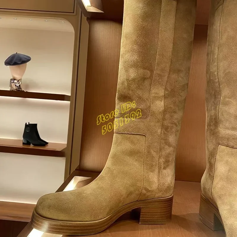 Suede Block Heel Knee High Boots Round Toe Slip On Fashion 2026 Winter Autumn Women Dress Shoes Chunky Heel Brown Flock Handmade