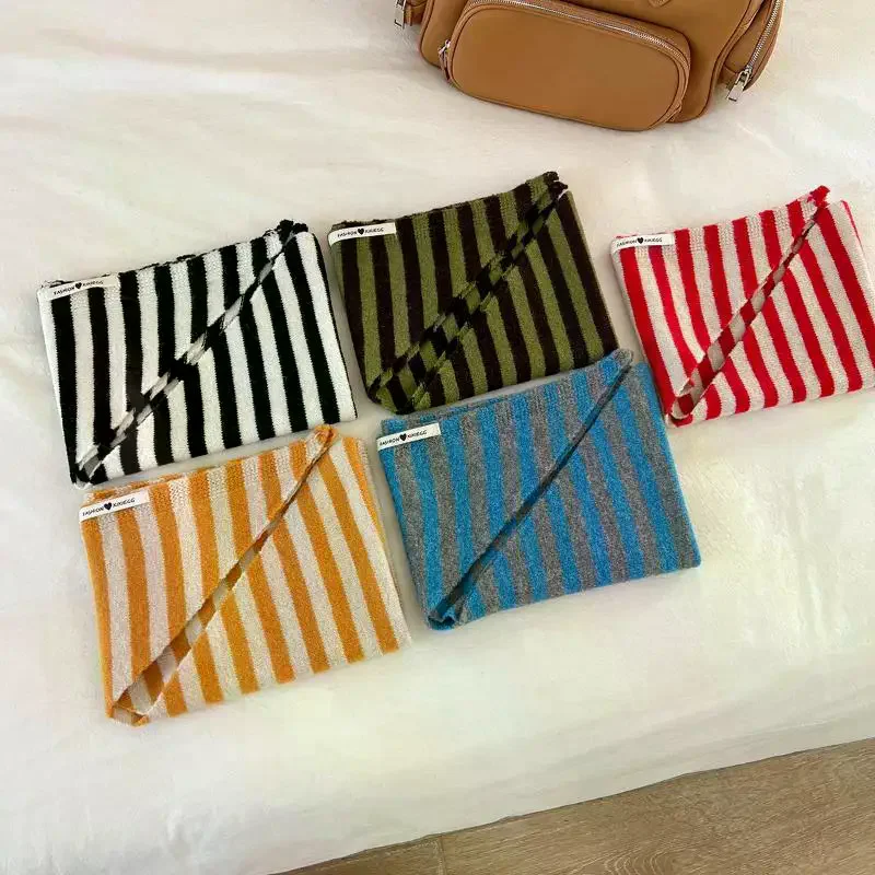 Korean Style Striped Solid Color Wool Knitted Triangular Small Scarf Shawl Headscarf Knitted Scarf Multi-functional Warm Scarf