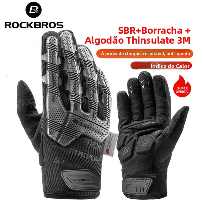 Luvas de Ciclismo ROCKBROS com Almofada Espessa SBR, à Prova de Choque, Respirável, Luvas de GEL para Bicicleta, Aquecedor de Inverno, Luvas Esportivas de Dedos Completos para MTB