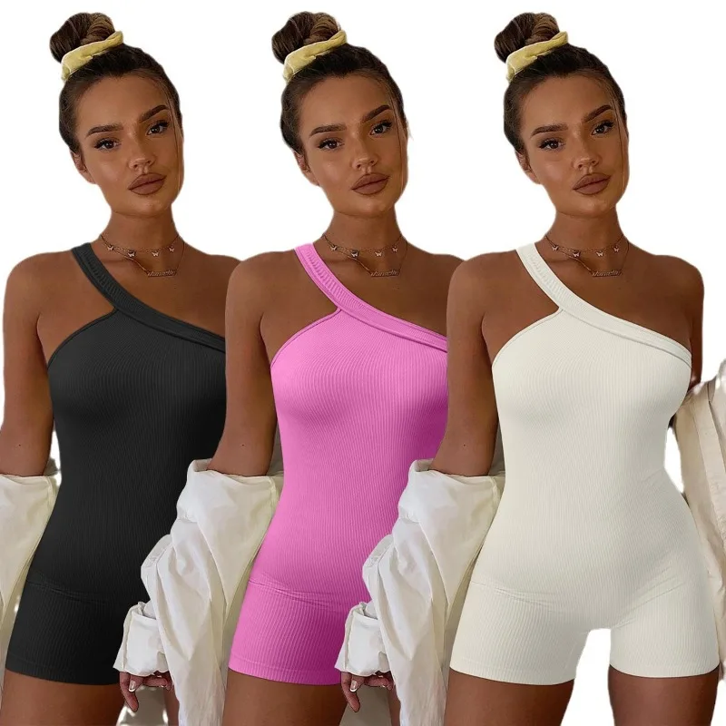

Women's Seamless Ribbed One Shoulder Yoga Romper Tummy Control One Piece Jumpsuit Fashion Fitness Workout Sport Activewear