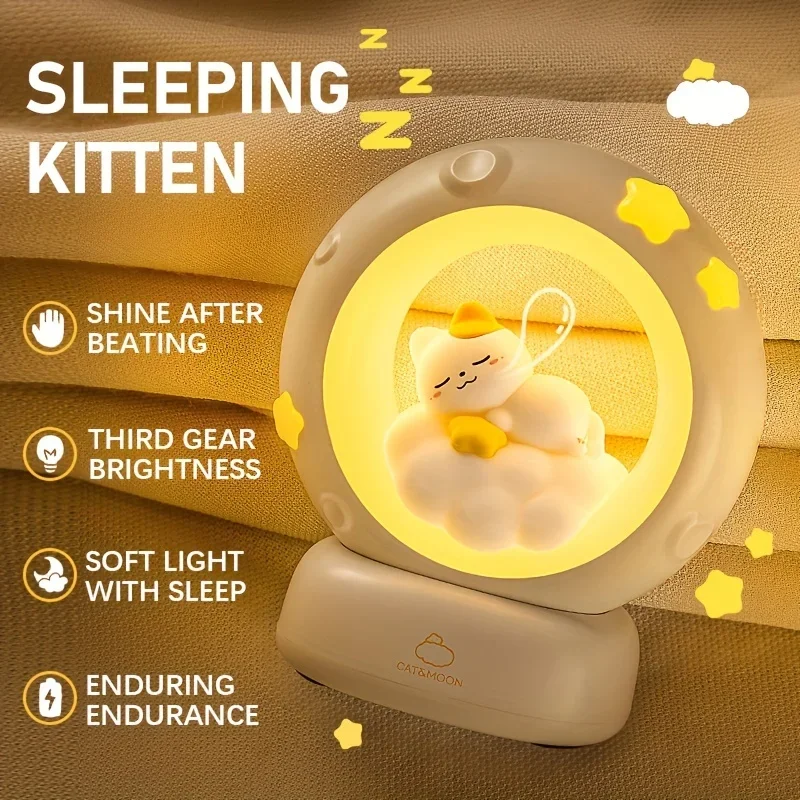 1 Stück Schlafende Katze Nachtlicht, über USB wiederaufladbare dimmbare LED-Tischlampe, 3-stufige Helligkeit einstellbar für Schlafzimmer-Schlaflampe