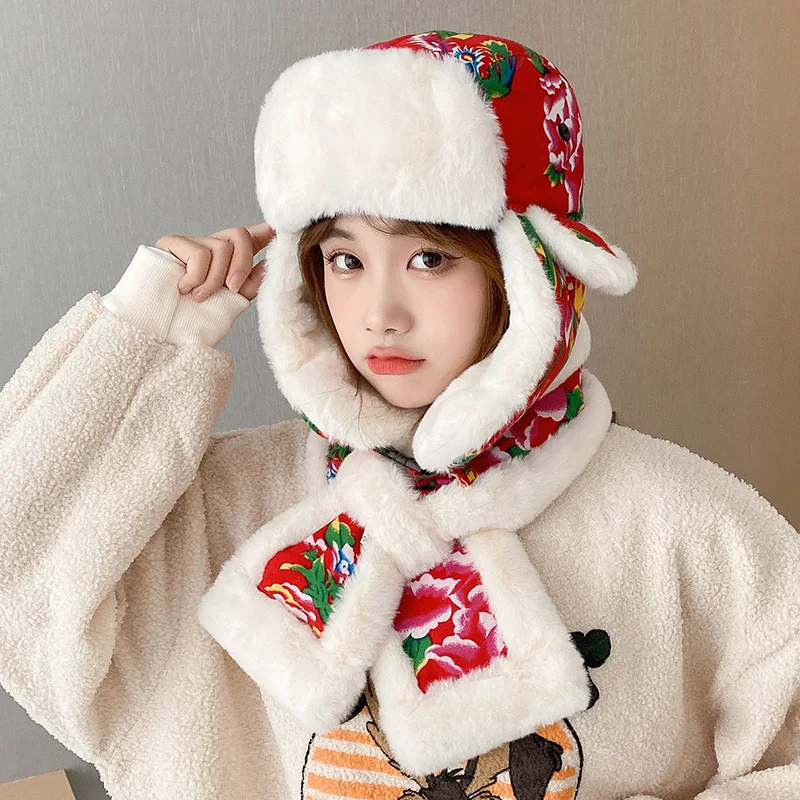 Lei Feng Hat Women's Winter Warm Ear Protection Large Flower Cloth Cotton Hat, Male Retro Ethnic Style Children's Train Head Hat