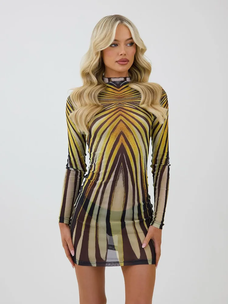 Ahagaga Sexy Club Mini abiti da donna Stampa Dolcevita Regular Maniche lunghe Guaina Sheer Slim Fit Causale Streetwear Abiti