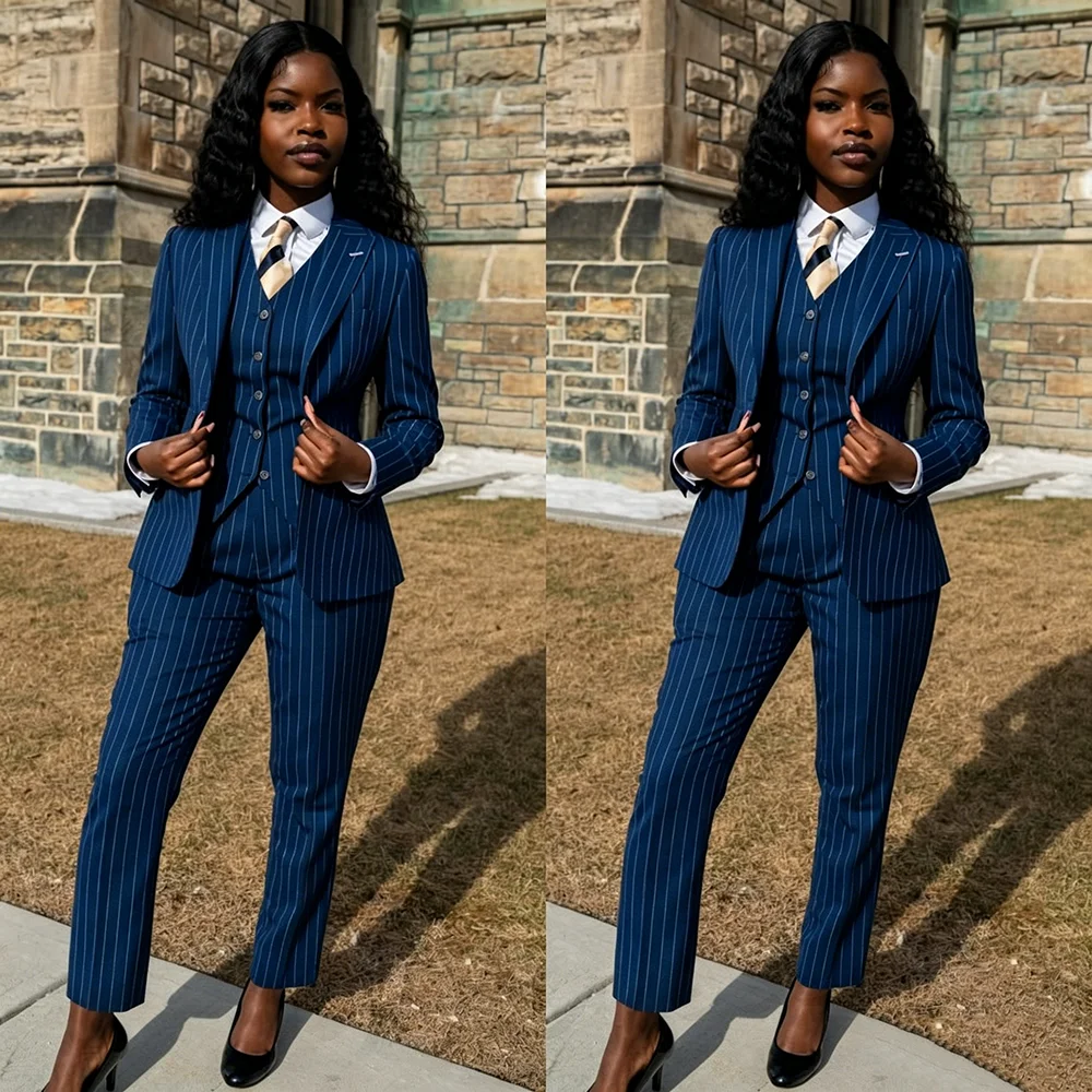 Traje de 3 Piezas para Mujer con Rayas Azules Clásicas, Chaqueta, Chaleco y Pantalones, Traje Formal de Negocios, Elegante y Entallado