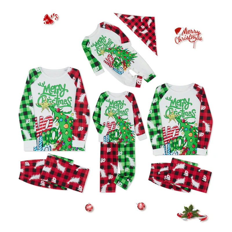 Child Christmas Family Pajamas Matching Set Long Sleeve Tree Letters Print T-Shirt With Plaid Pants Sleepwear Loungewear