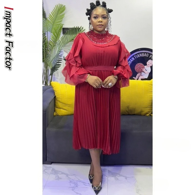 

2025 Summer New Solid Color Splicing Bead Dress with Diamonds Miyake Pleated Loose Women's Dresses