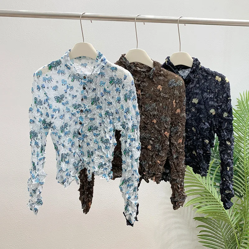 YFPF Retro Unregelmäßige Gefaltete Design Frauen Hemd Mode Druck Taste Langarm Sonnencreme Bluse 2025, Neue Kleidung 3A279