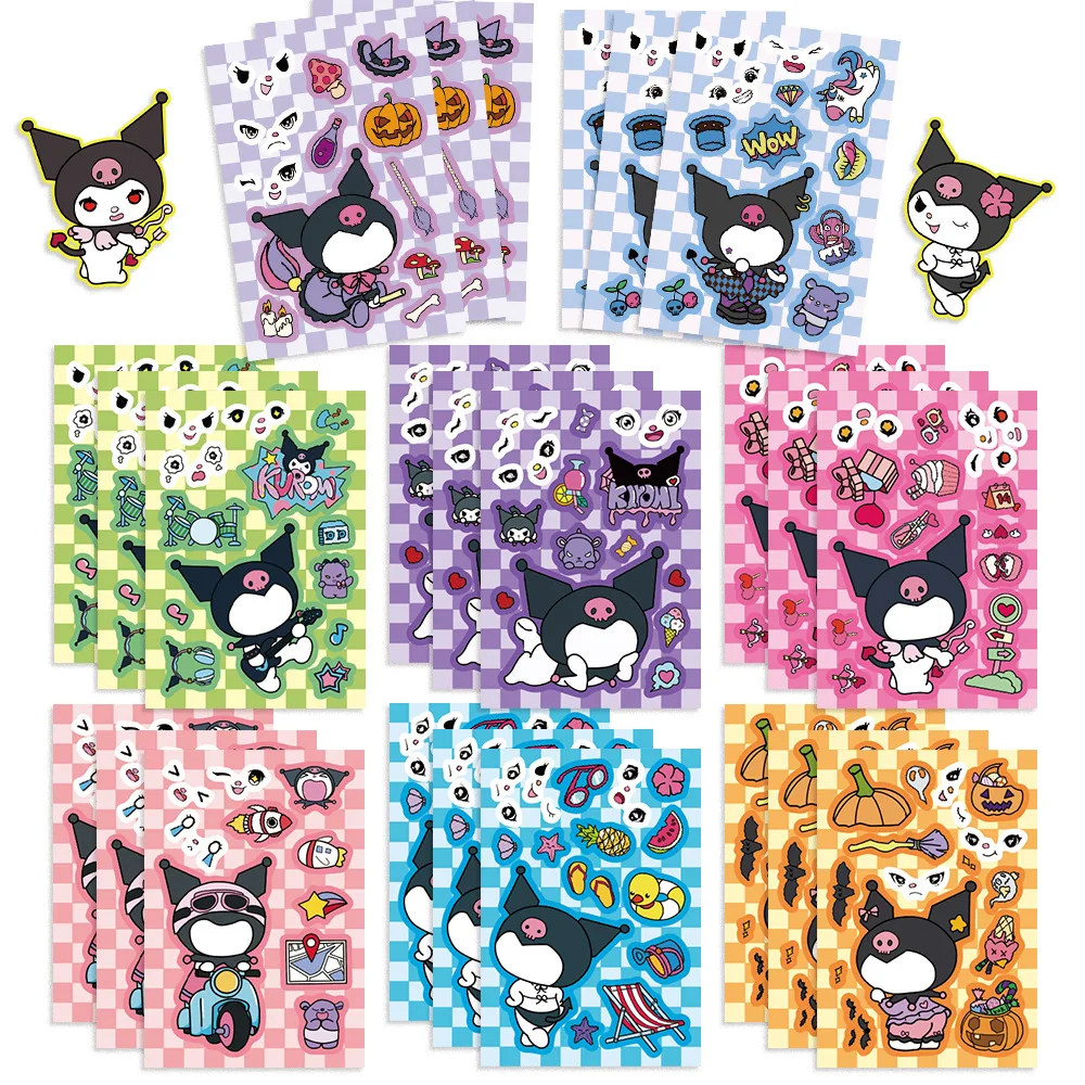 SANRIO Kuromi สติกเกอร์ตัวต่อสำหรับเด็กขนาด8/16แผ่น DIY สติกเกอร์ตัวต่อรูปการ์ตูนอะนิเมะของเล่นเพื่อการศึกษาสำหรับเด็กเป็นของขวัญ