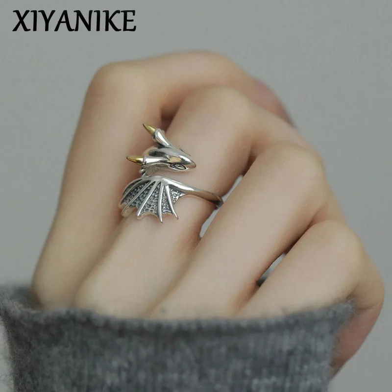 XIYANIKE Men Women Vintage Little Flying Dragon Cuff Finger Rings Retro Fashion New Jewelry Couple Gift Party anillos mujer