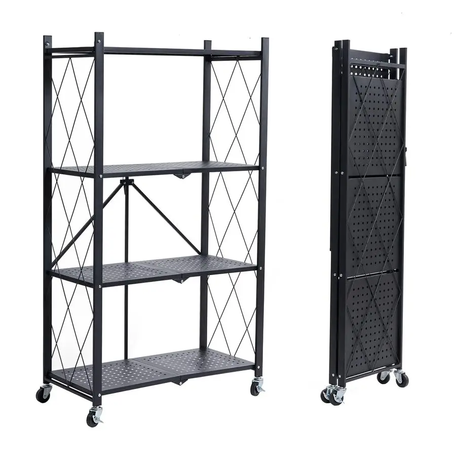 

BRIAN DANY 4Shelf Foldable Storage Shelves with Wheels, Folding Metal Rack Shelving Unit, Heavy Duty No Assembly Organizer Shel