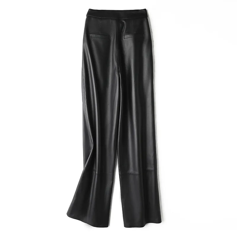 Autumn Winter Women 100% Natural Genuine Leather Straight Trousers Femme Loose  Elastic Waist Casual Pants