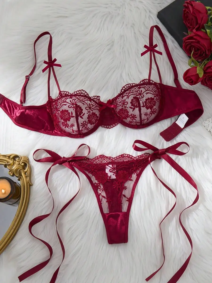 Burgundy Floral Lace Bra and Thong Set with Satin Trim and Ribbon Ties