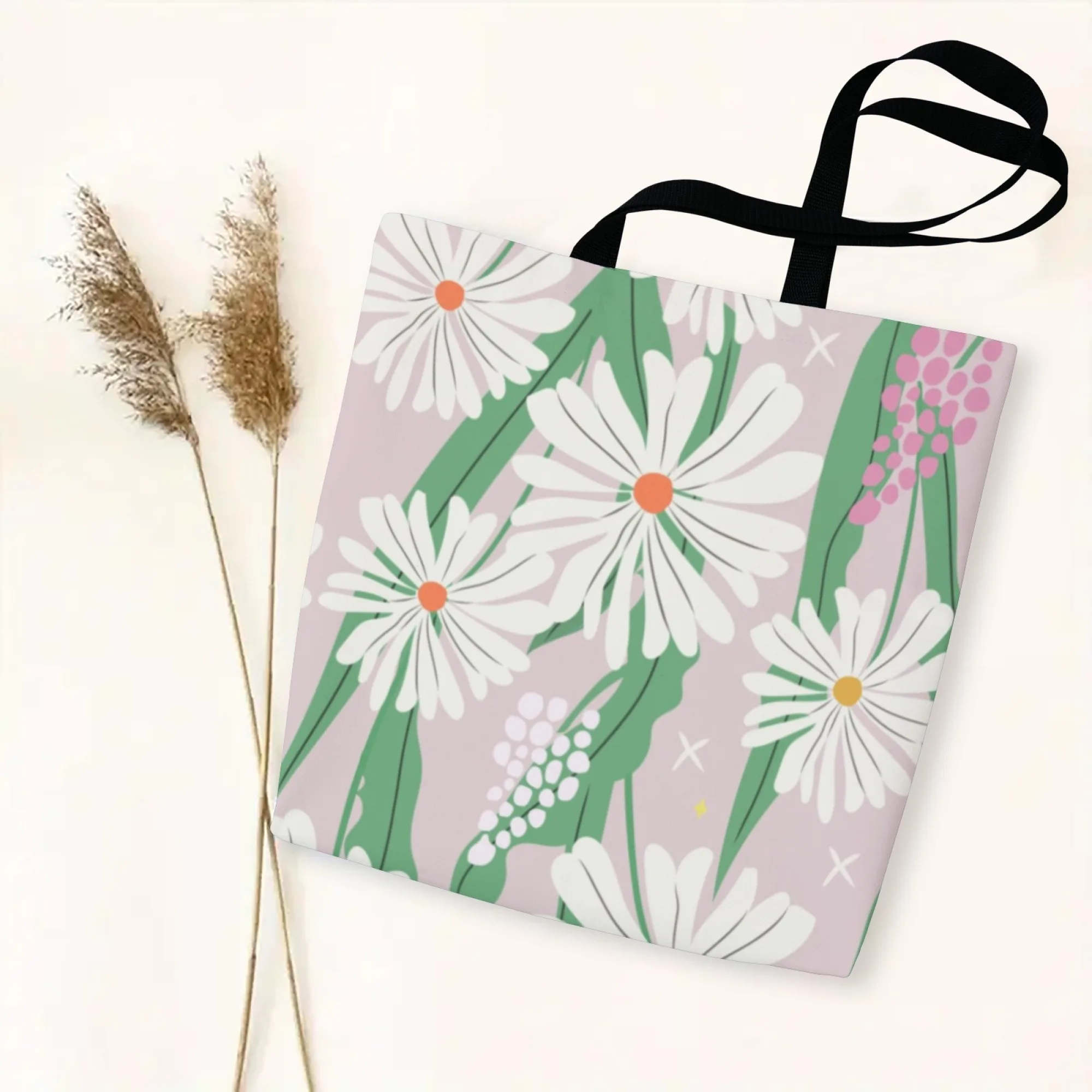 Korean Fresh Floral Trend Canvas Tote Bag Pink Daisy Print Bag for Women Perfect for Nature Enthusiasts Daily Commute & Street