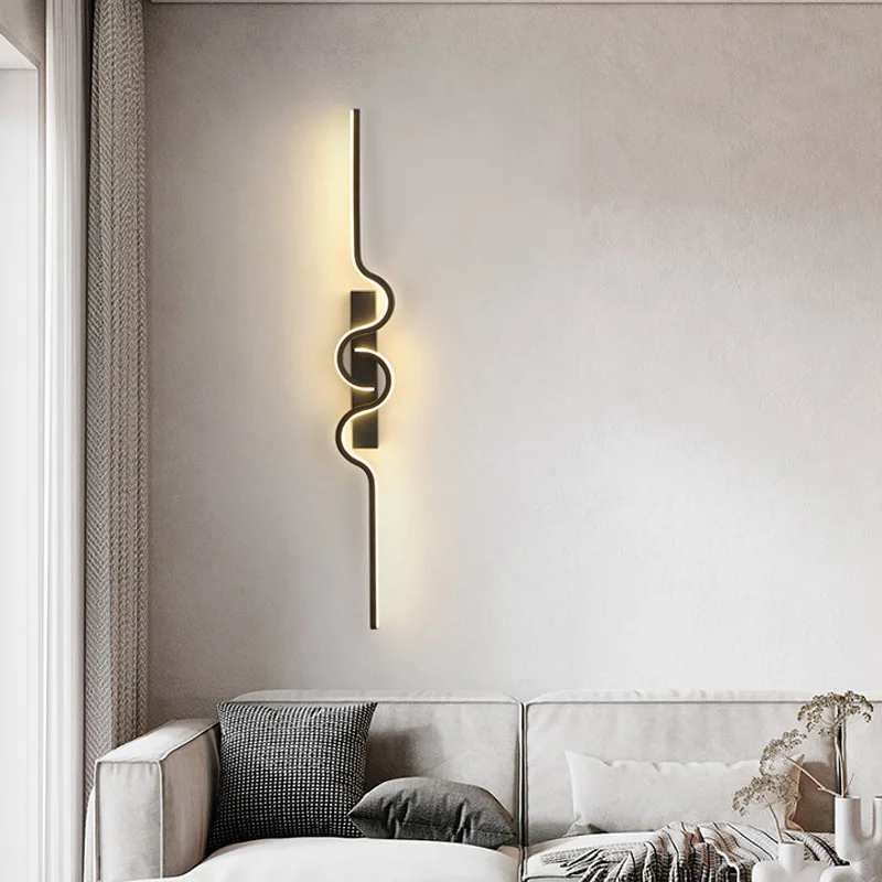 

A Minimalist creative design with long LED line lights, living room sofa, TV background wall, bedside decoration wall lamp