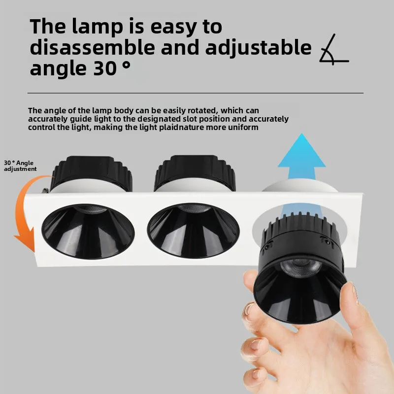 Slim Recessed LED Grille Light 1 2 3 4 Heads Square Gimbal Spotlight Anti-Glare COB Downlight for Commercial Lighting