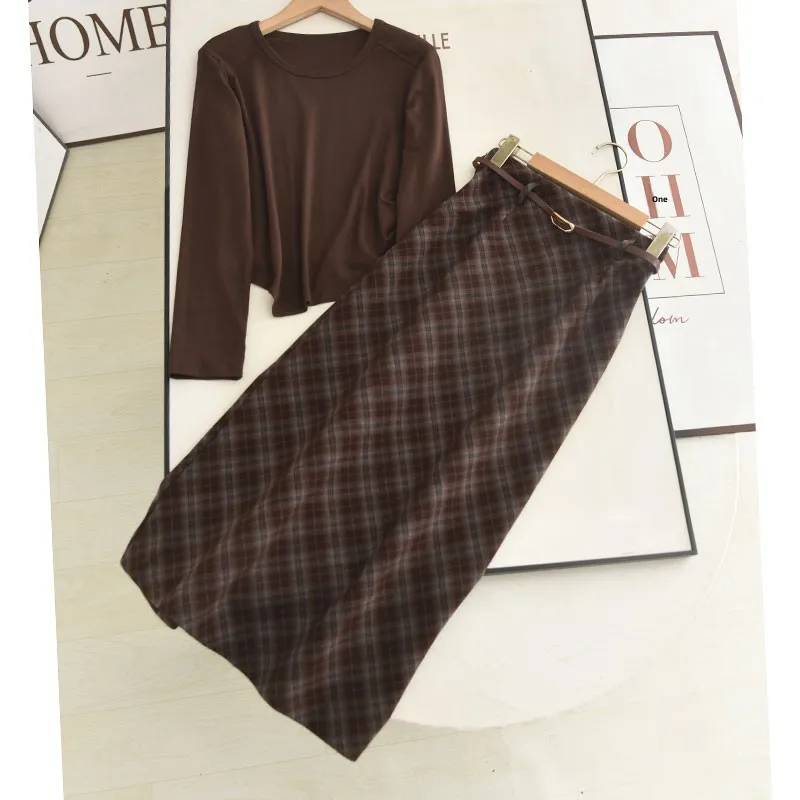 

Футболка Ele Long Sve и клетчатая юбка, комплект из двух предметов, женская осенняя коллекция Faion, облегающий круглый нейлоновый наряд