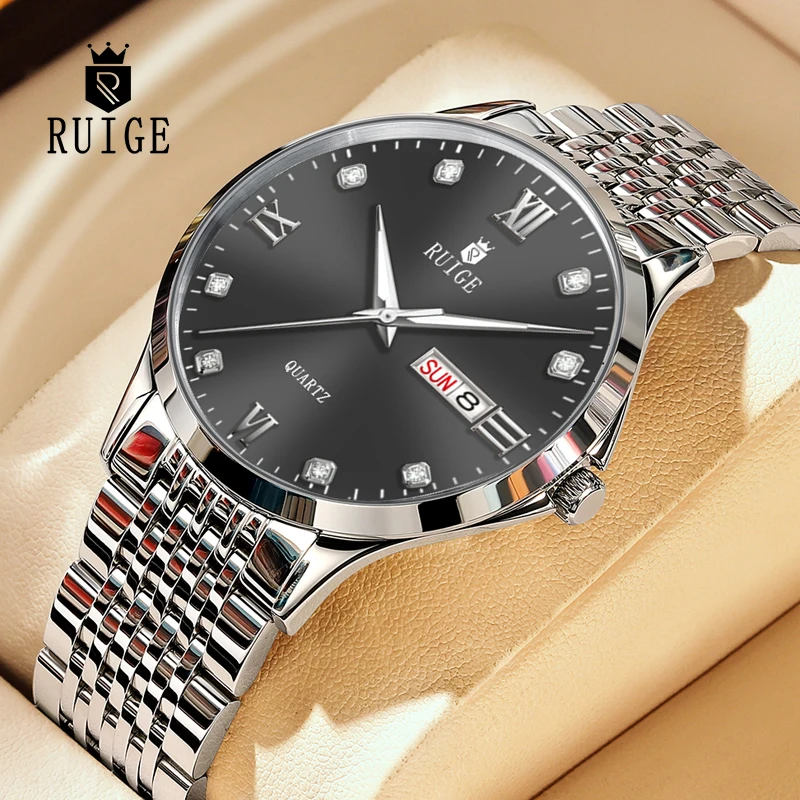 

RUIGE мужские кварцевые часы из нержавеющей стали с простыми модными водонепроницаемыми светящимися повседневными роскошными часами, подарок на день отца