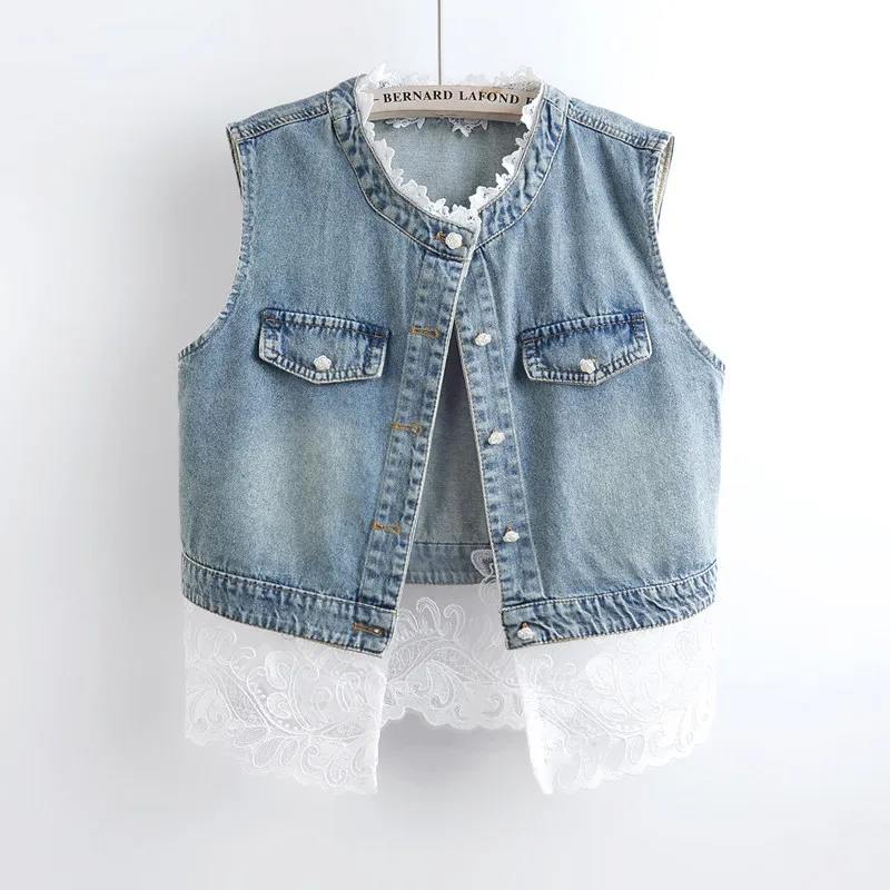 

Fashion Lace Patchwork Light Blue Short Denim Vest Summer Women Round Neck Single-Breasted Sleeveless Cowboy Waistcoat Female