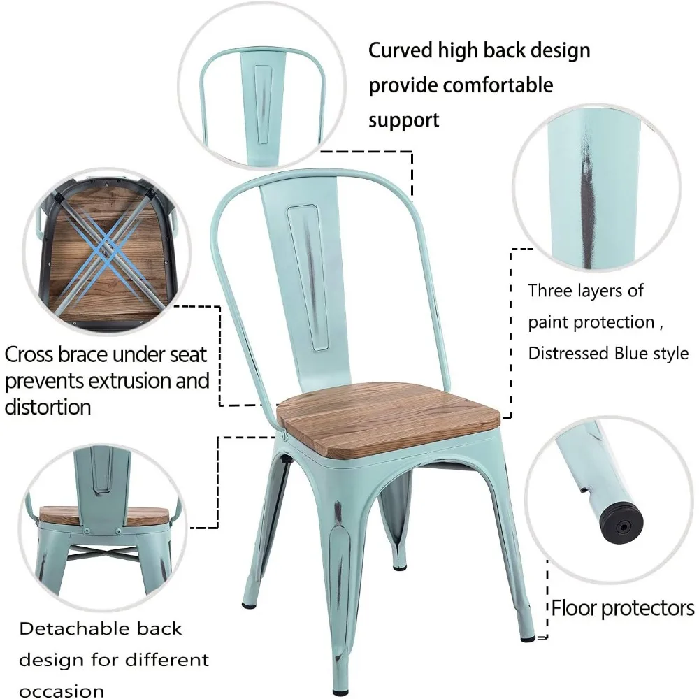 Metalen stoelen met houten zitting Moderne industriële noodlijdende binnen-buiten Metalen keuken Eetkamerstoelen Set van 4