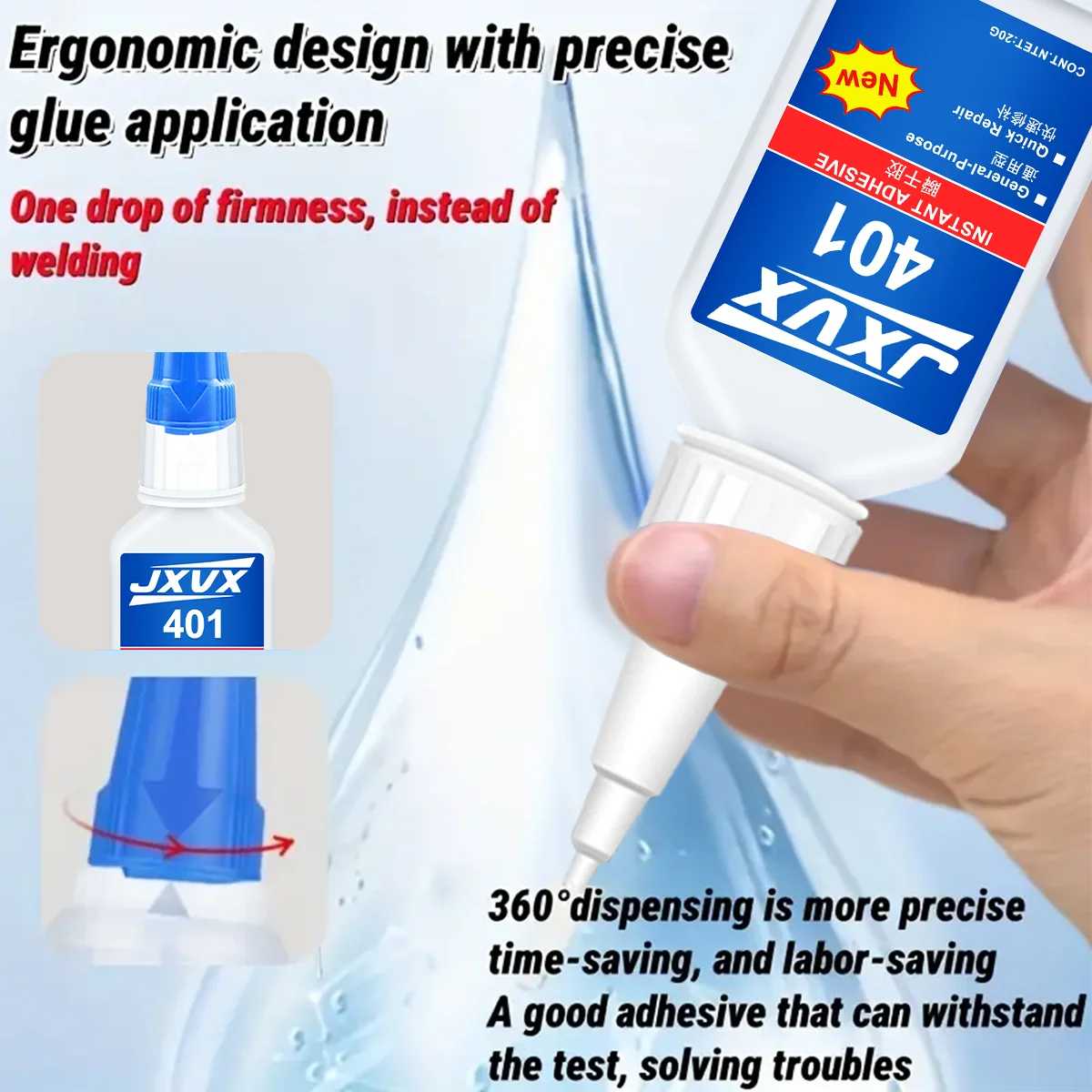 Neuer und aktualisierter 401 Super Acrylate Klebstoff, 5 Sekunden Instant Trocknen, Wasserdichtig, gute Stabilität, Vollklebwerkzeug. Geeignet für Holz, Kunststoff, Keramik, Metall, Gummi usw.