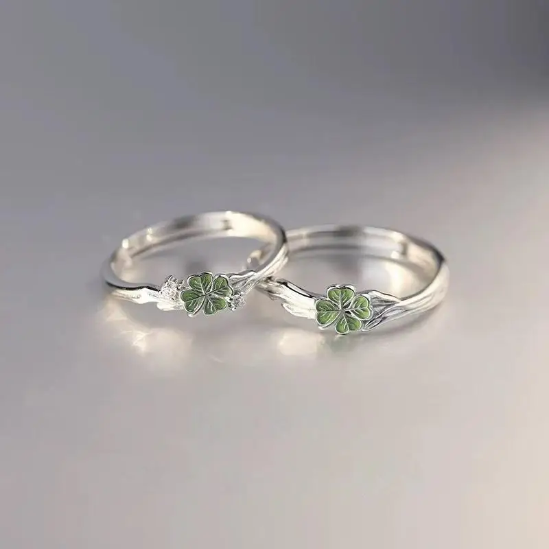 Vierblättriger Kleeblatt-Paarring für Frauen und Mädchen, Verstellbarer Offener Ring, Partyschmuck, Geschenk – Detail 3