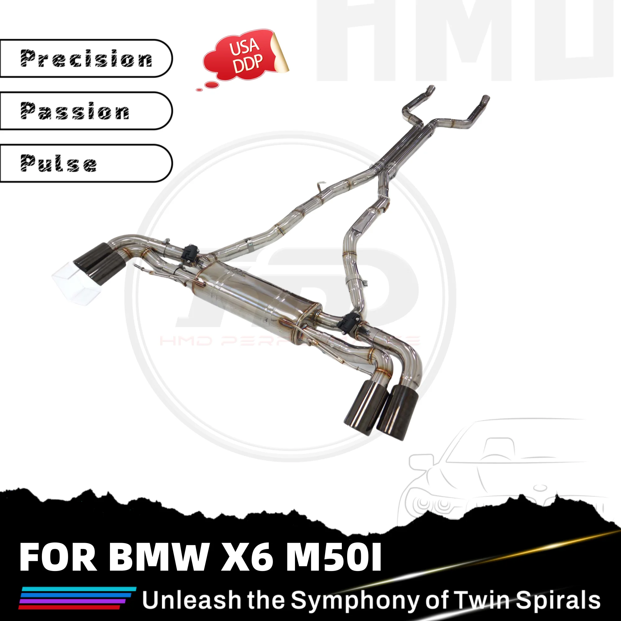 

HMD Лидер продаж Catback для BMW X6 M50I SS304 Электронный выпускной клапан TIG Ручная сварка Ряная длина Средняя труба