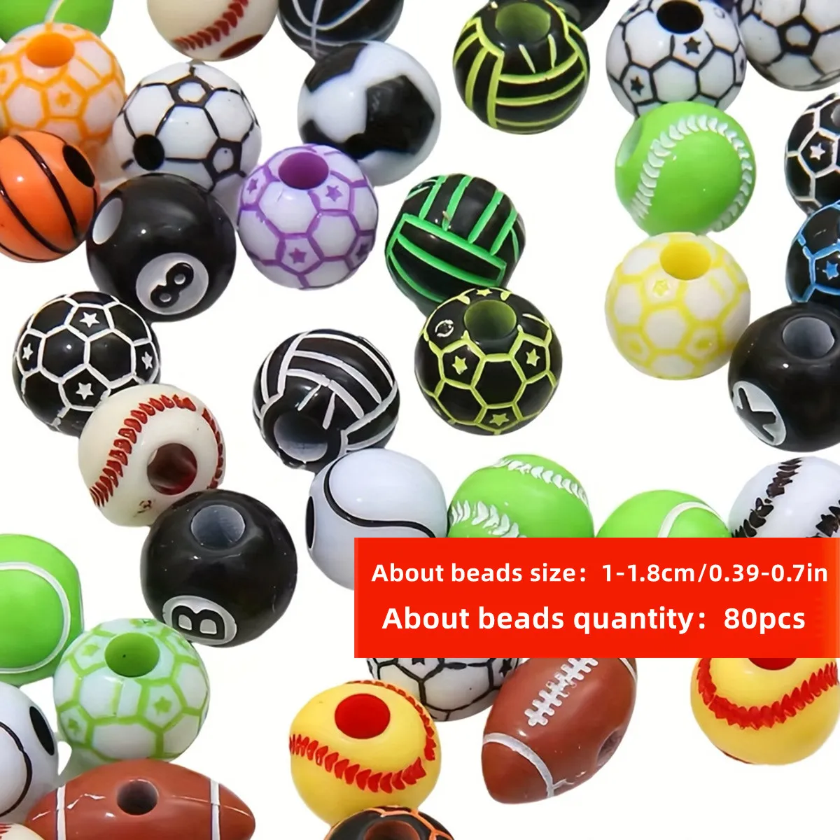 80 Stück zufällige Acryl-Perlen im Sportstil: Basketball, Fußball, Baseball, Rugby, gemischte DIY-Halsketten-Accessoires – Detail 1