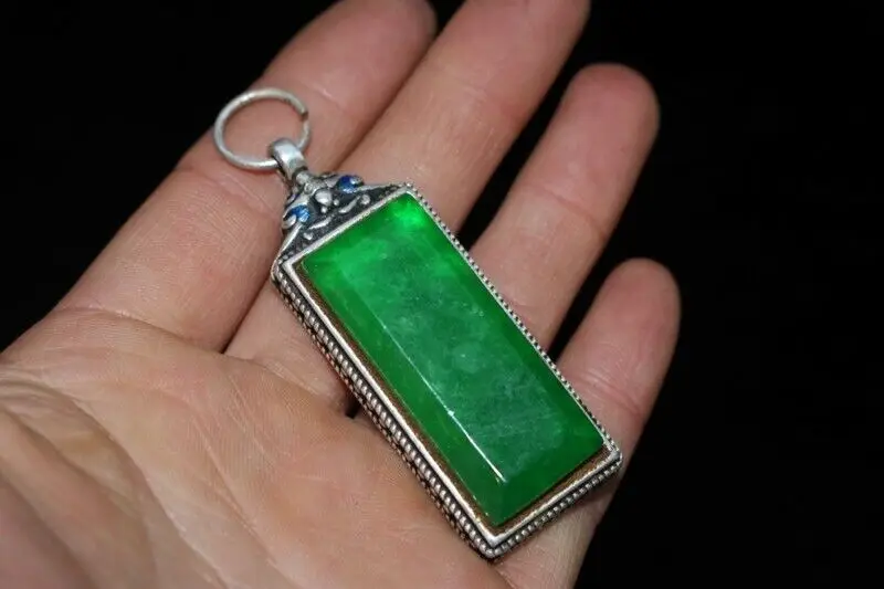 Exquisite Old Chinese Tibet Silver Enamel Inlay Green Jade Handmade Pendant