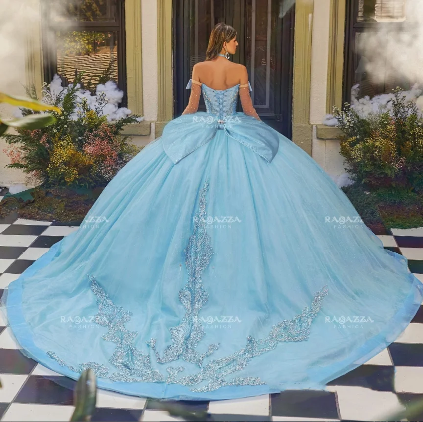 Luxury Sky Blue Princess Quinceanera Dress 2024 One Shoulder Beaded Applique Lace Embellished Puffy vestido de 15 quinceañeras