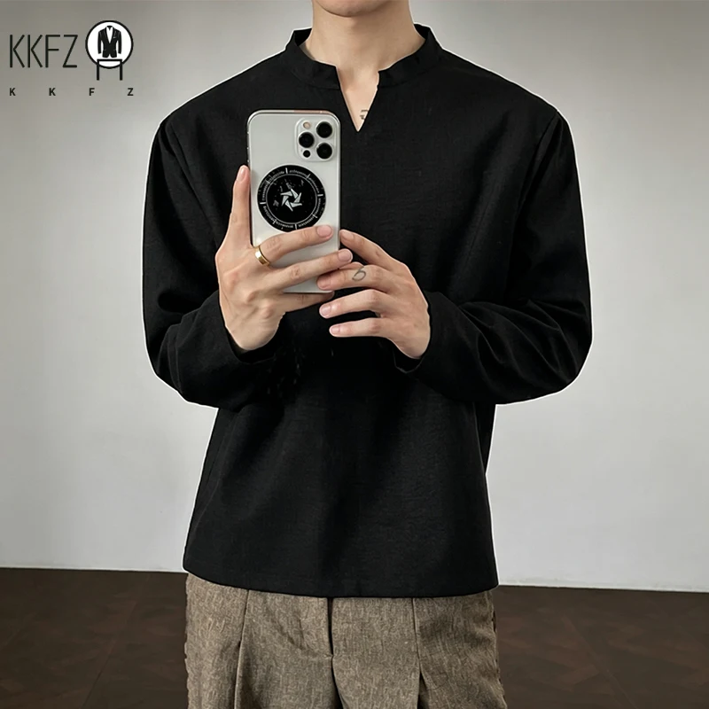 Mens Long Sleeve V Neck Mandarin Collar Shirt Linen Weave Fabric Loose Silhouette For Daily Occasions