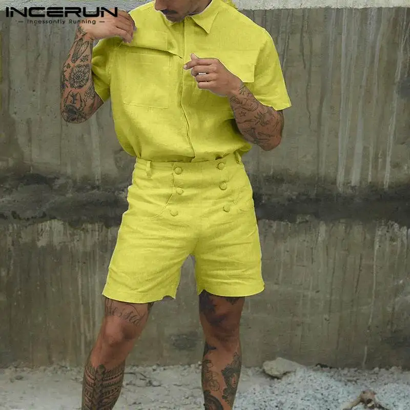 INCERUN Men Sets Solid Color Lapel Short Sleeve Shirt & High Waist Shorts 2PCS Summer Streetwear 2024 Fashion Men\'s Casual Suits