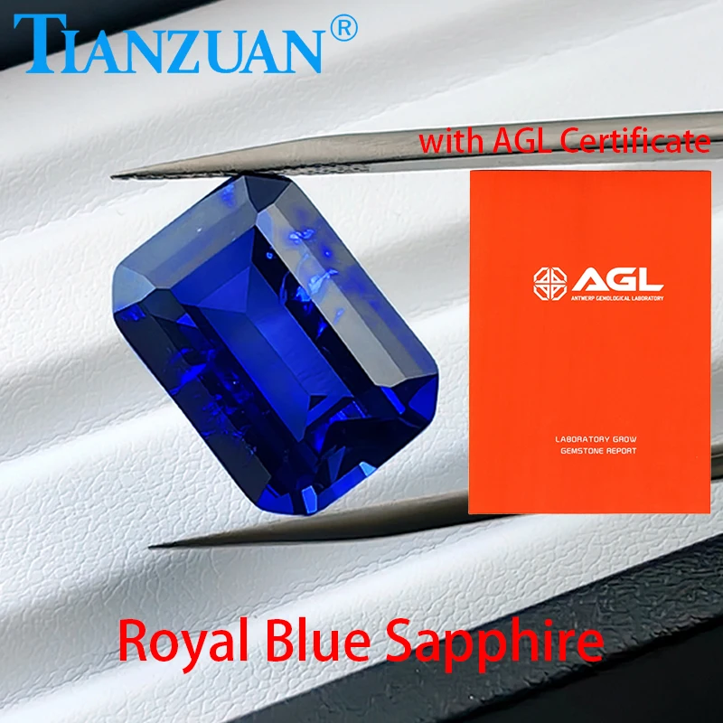 

Lab Grown Sapphire Rectangle Shape Royal Blue Sapphire Emerald cut Loose Corundum Visible Inclusion Crack AGL Certificate