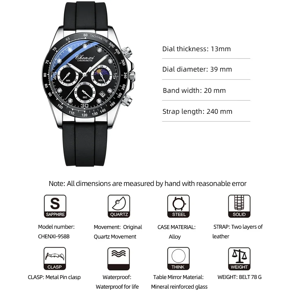 CX-958 CHENXI Original Mens Watches Luxury Business Moon Phase Wrist Watch Men Waterproof Chronograph Male Sport Quartz Clock