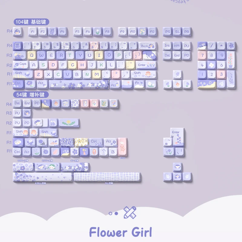 158 Toetsen/Set Bloemenmeisje Keycaps Schattige Kawaii Violet Pbt Keycaps Cherry Mda Hoogte Voor Mx Switch Diy Mechanische Toetsenborden Cadeau