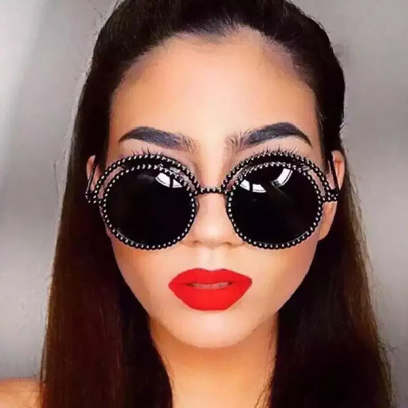 CandisGy Vintage Lace Round Brand designer  Sunglasses Rhinestone Women Hipster Mirror lady UV400 Retro sun glasses Circle Frame