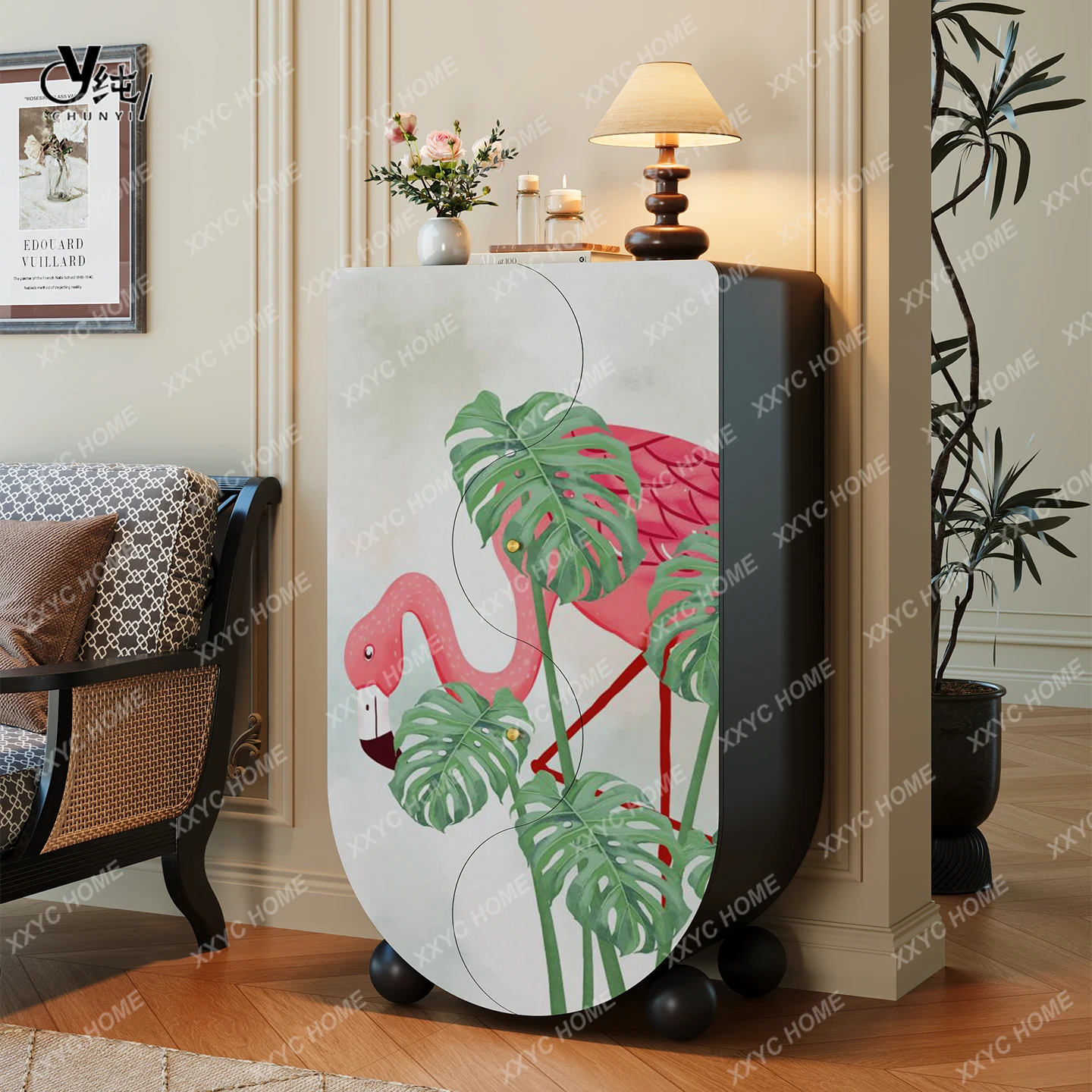 HHHHVintage Cream Style Lotus Solid Wood Four-Drawer Cabinet Living Room Wall-Mounted Entryway Decorative