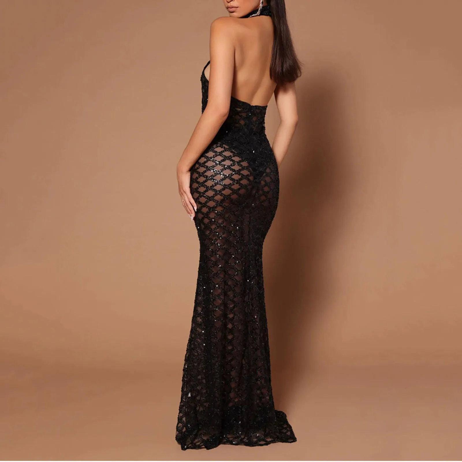 2024 Sexy Backless Halter Dress For Women Diamond Sleeveless Solid Long Robe Ladies Fashion Perspective Evening Party Dresses