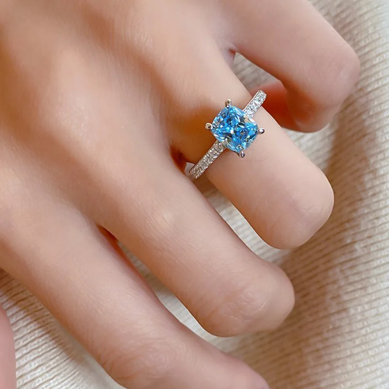 Anillo de Plata de Ley 925 con circonita cuadrada azul para mujer, joyería de lujo para boda, ofertas de accesorios al por mayor con