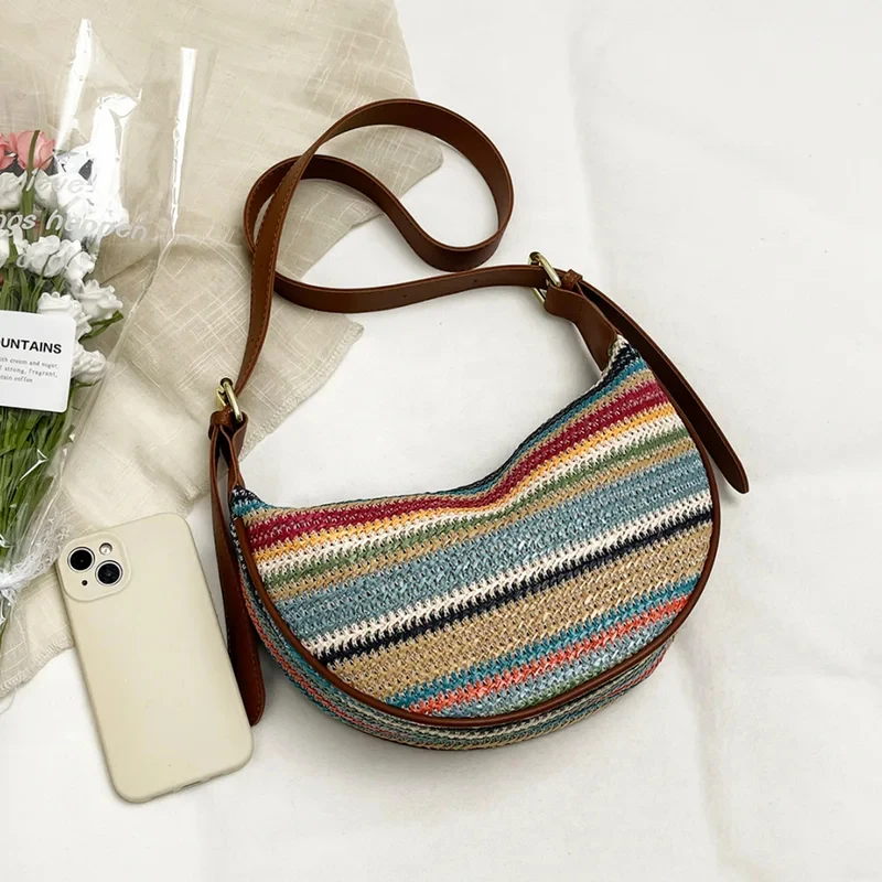 Bohemian Vacation Women Hobo Bag Stripe Woven Crossbody Bag Adjustable Strap Multi Function Shoulder Bag for Daily Vacation