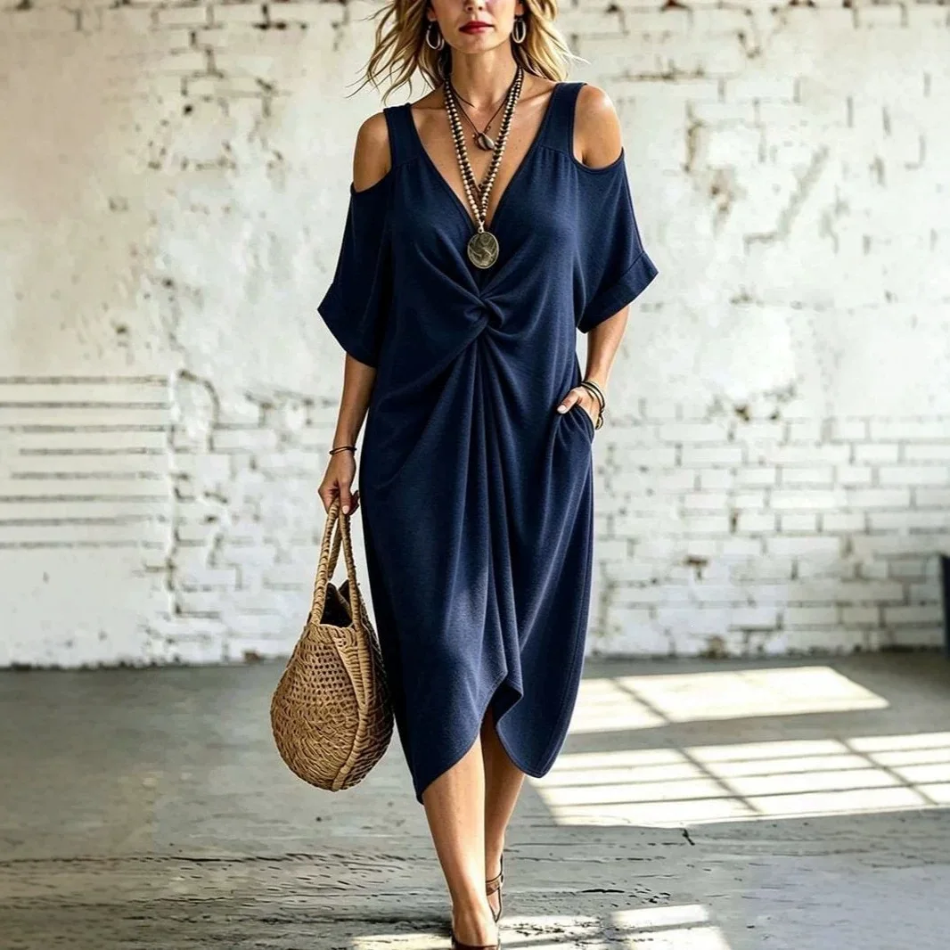 New Women's Cold Shoulder V Neck Midi Dress Twisted Front Side Pockets Loose Fit Elegant Versatile Commute Daily Wear Long Dress