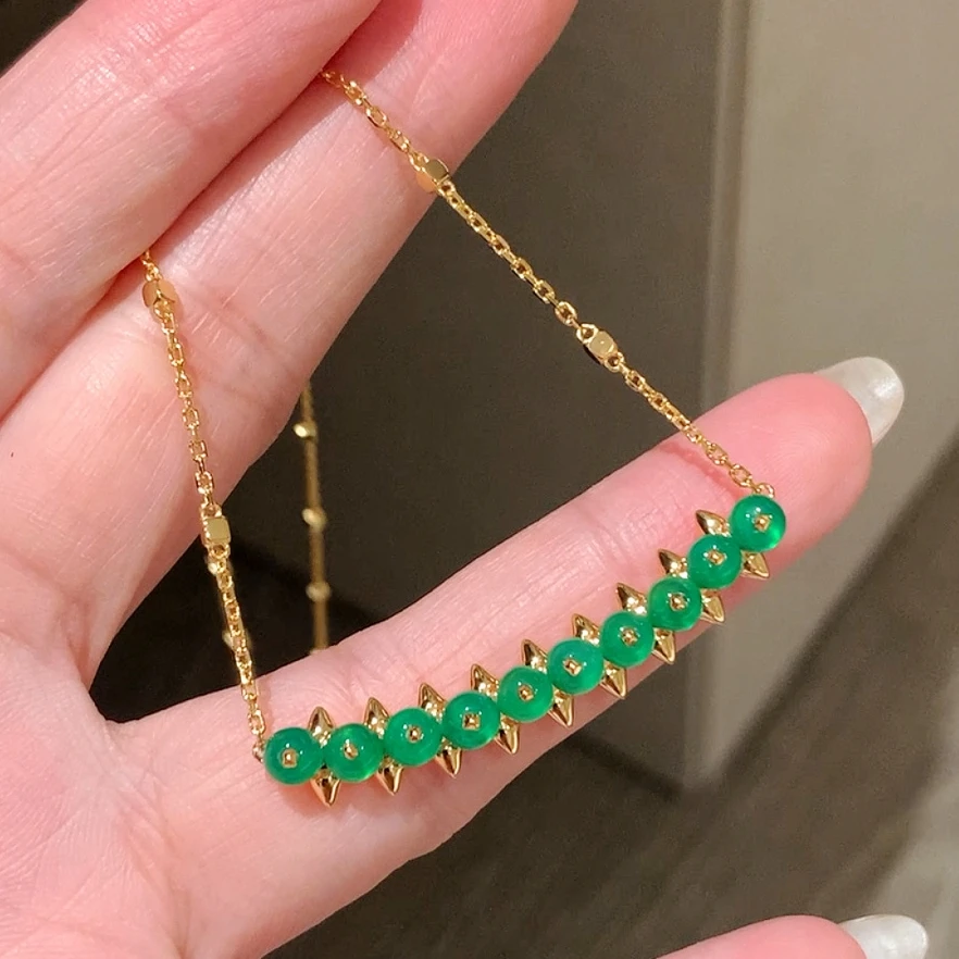 High Craft  925 Sterling Silver Green Agate Rivet Pendant Necklace Gold Plated Fine Luxury Jewelry For Women