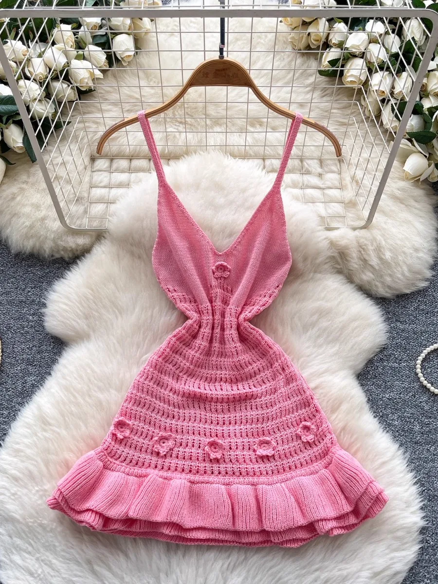 Foamlina Summer Ruffle Knit Dress Women Sexy Chid Girl's Halter Bodycon 3D Floral Cinched Waist Mini A-line Dress Holiday