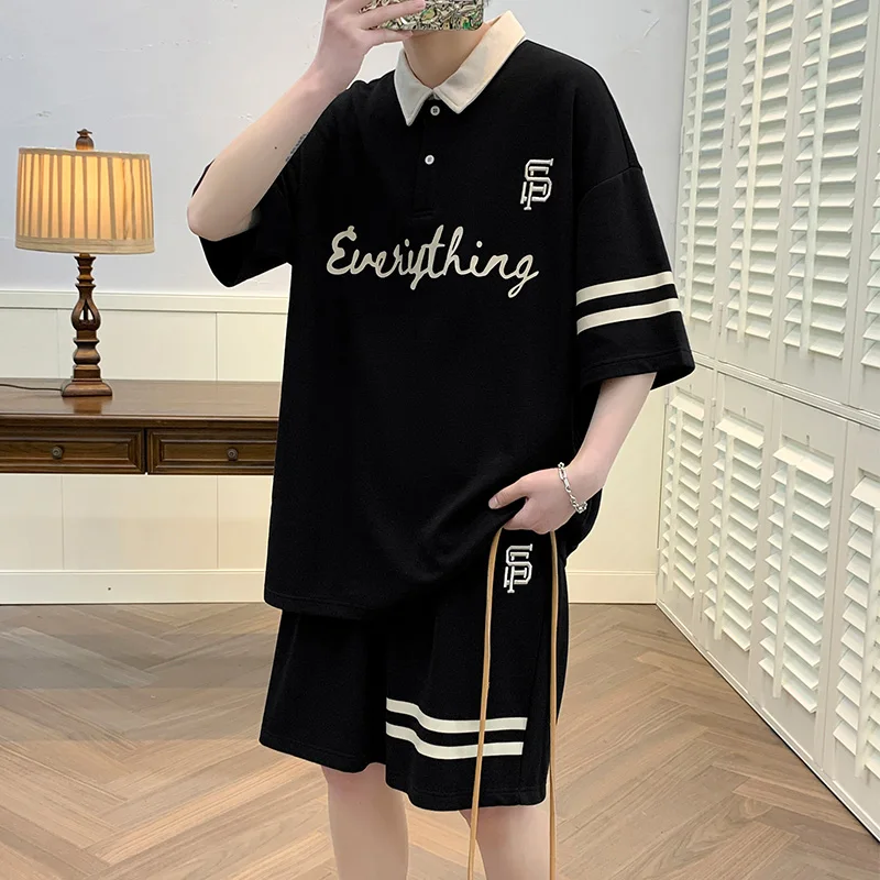 

Summer irt ort Sve T-irt Set for Men Youth Sports Loose Fit f Sve Body Tee Two Piece Set Trendy Cotton Blend