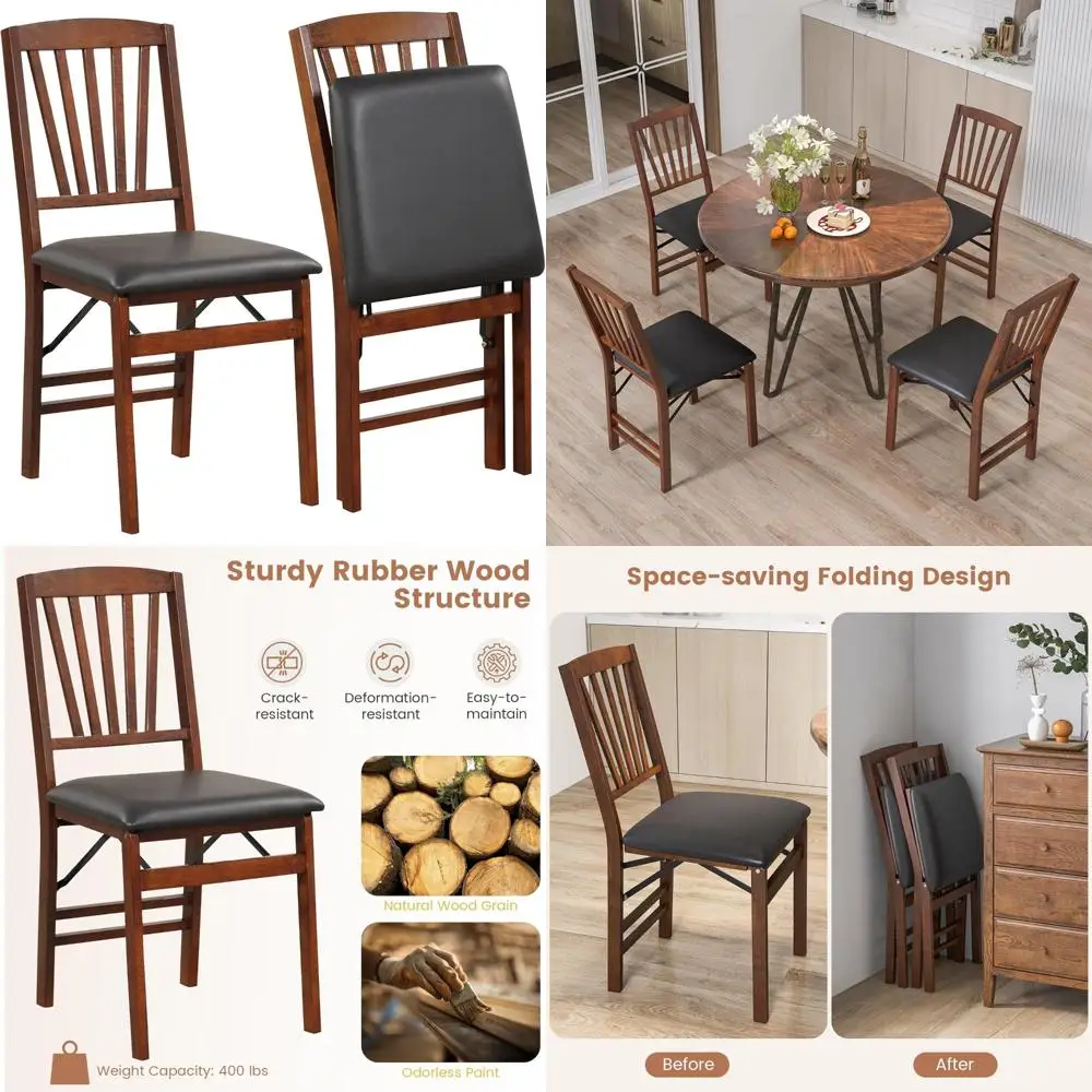 Folding Wood Kitchen Chairs Set of 2 with Padded Seats, Solid Frame, 400 lbs Capacity, Space-Saving Design