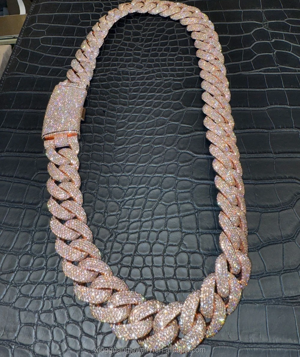 Rapper Men's Style Full Iced Out VVS Moissanite Diamond Cuban Link Chain Rose Gold Plated Silver Chains Hip Hop Jewelry Necklace