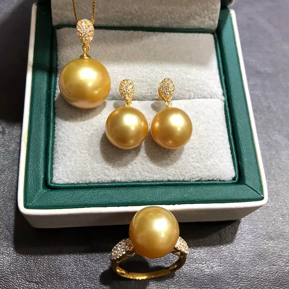 Gorgeous AAA 11-12mm Golden Round South Sea Pearl Earrings+Adjustable Open Ring+Pendant Necklace 18inch 925S