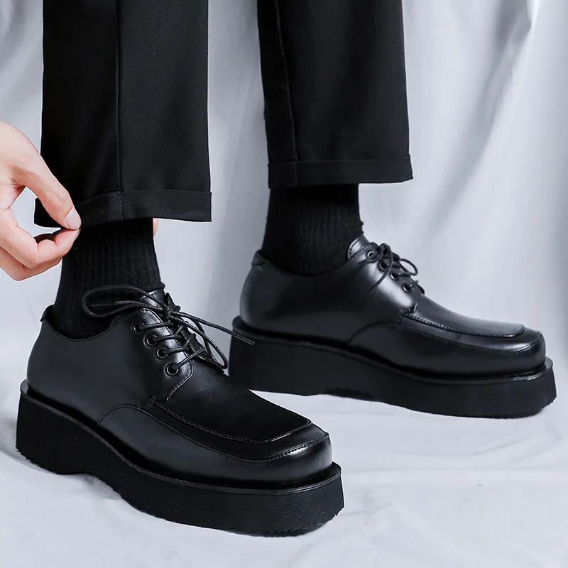 

men casual business wedding formal dress genuine leather shoes lace-up platform shoe gentleman black white footwear zapatos male