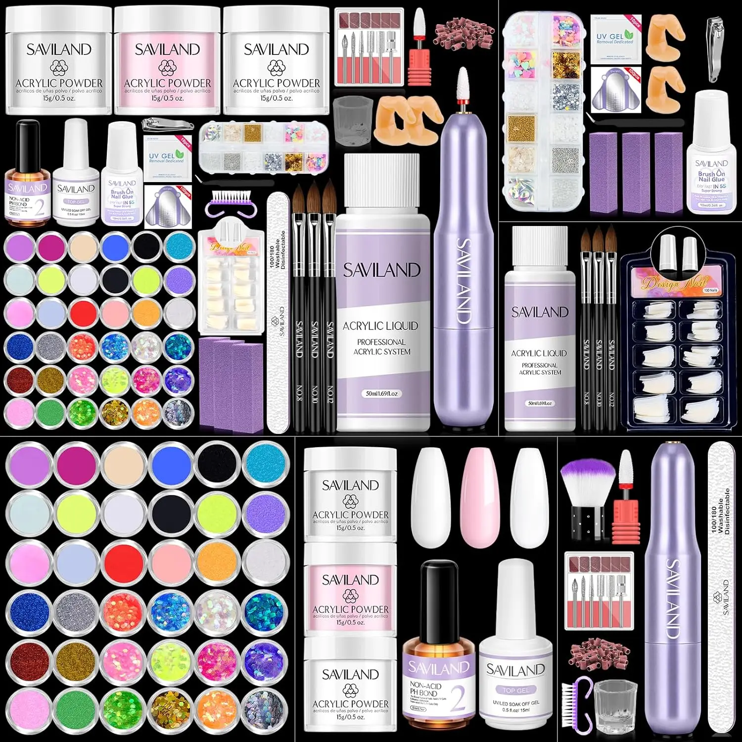 Kit complet d'ongles en acrylique avec perceuse pour débutants : comprend des poudres scintillantes, un ensemble de liquides et 100 embouts pour la manucure à domicile