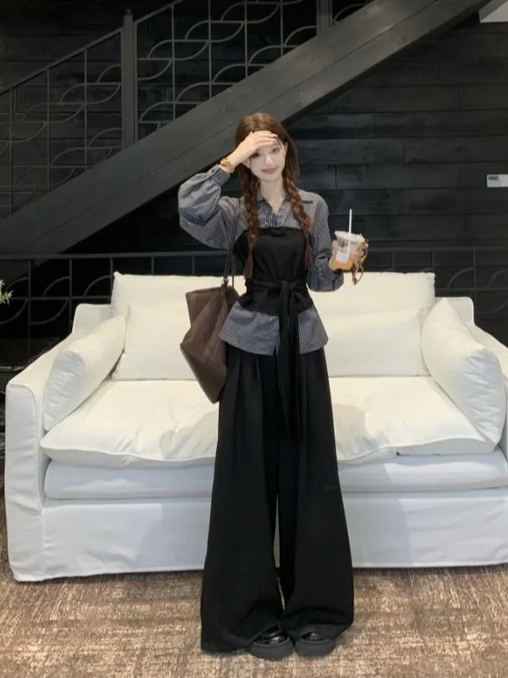 

Осенний комплект из двух предметов: рубашка с длинным рукавом и широкие брюки, женский костюм в корейском стиле, имитация двух частей, стройнящий силуэт.