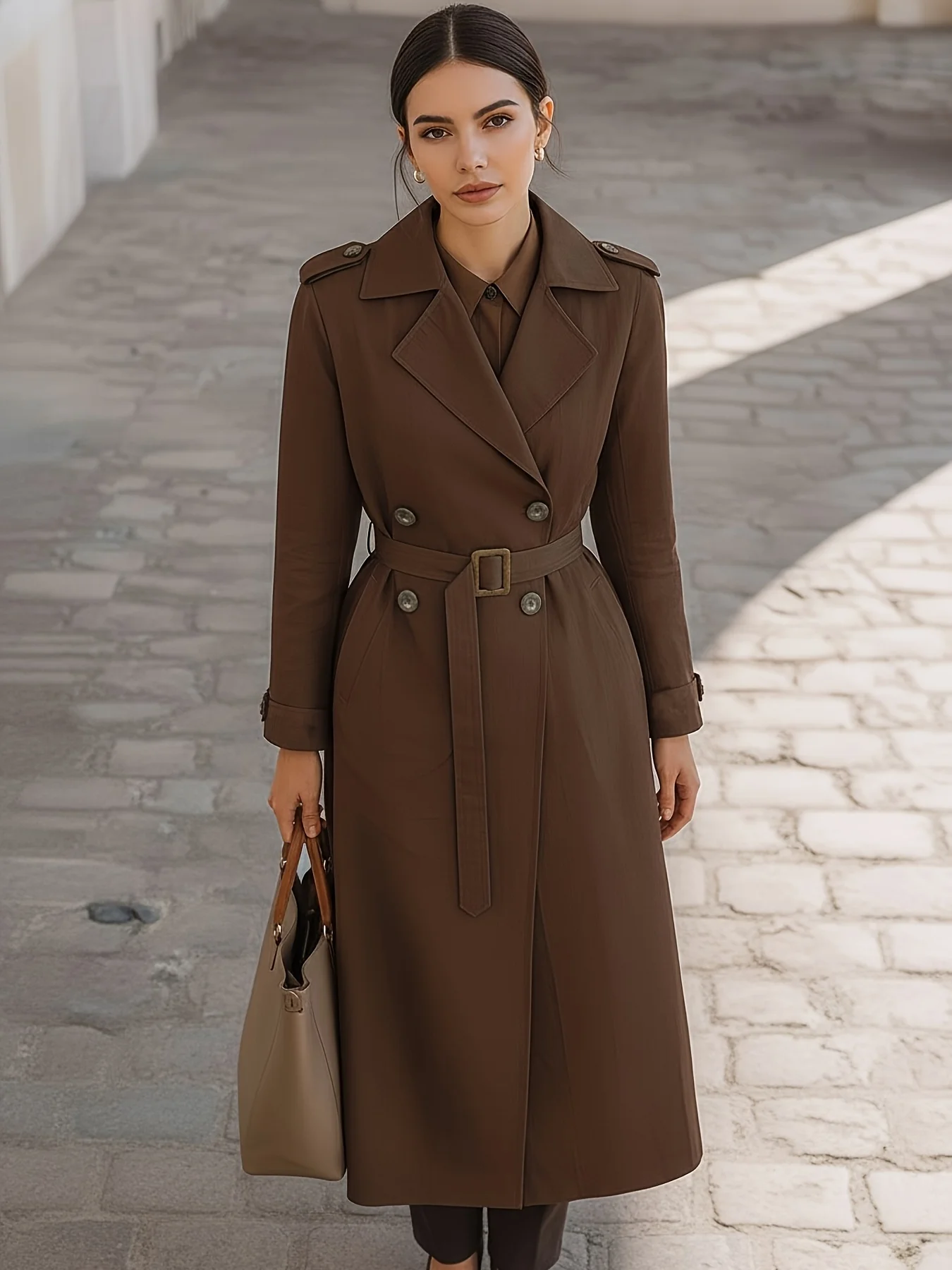Ladies Spring Autumn Fashion Elegant Double-Row Button Coat Windbreaker Commute Daily Versatile Style in Mearad Color Scheme